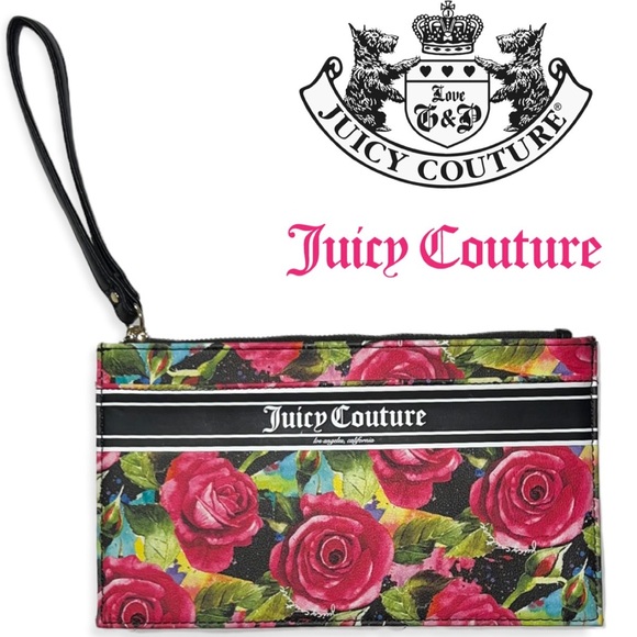 JUICY COUTURE Black Pink Gothic Stripe Floral Rectangle Wristlet Clutch Pouch - Picture 1 of 10